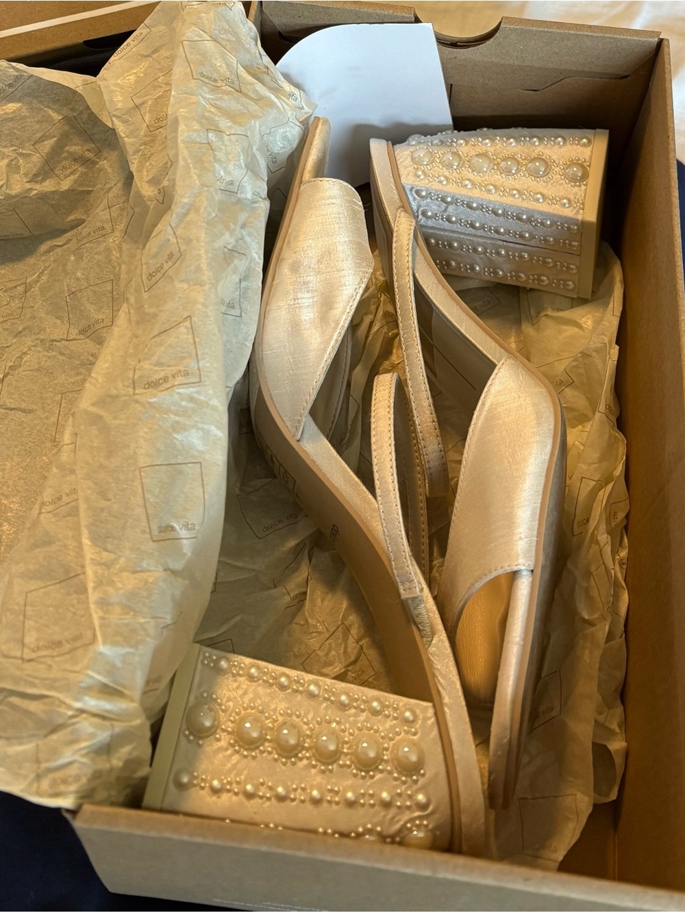 Dolce Vita Jemmy Ivory Satin Block Heel Sandals with Pearl-Embellished Heel - Picture 12 of 13